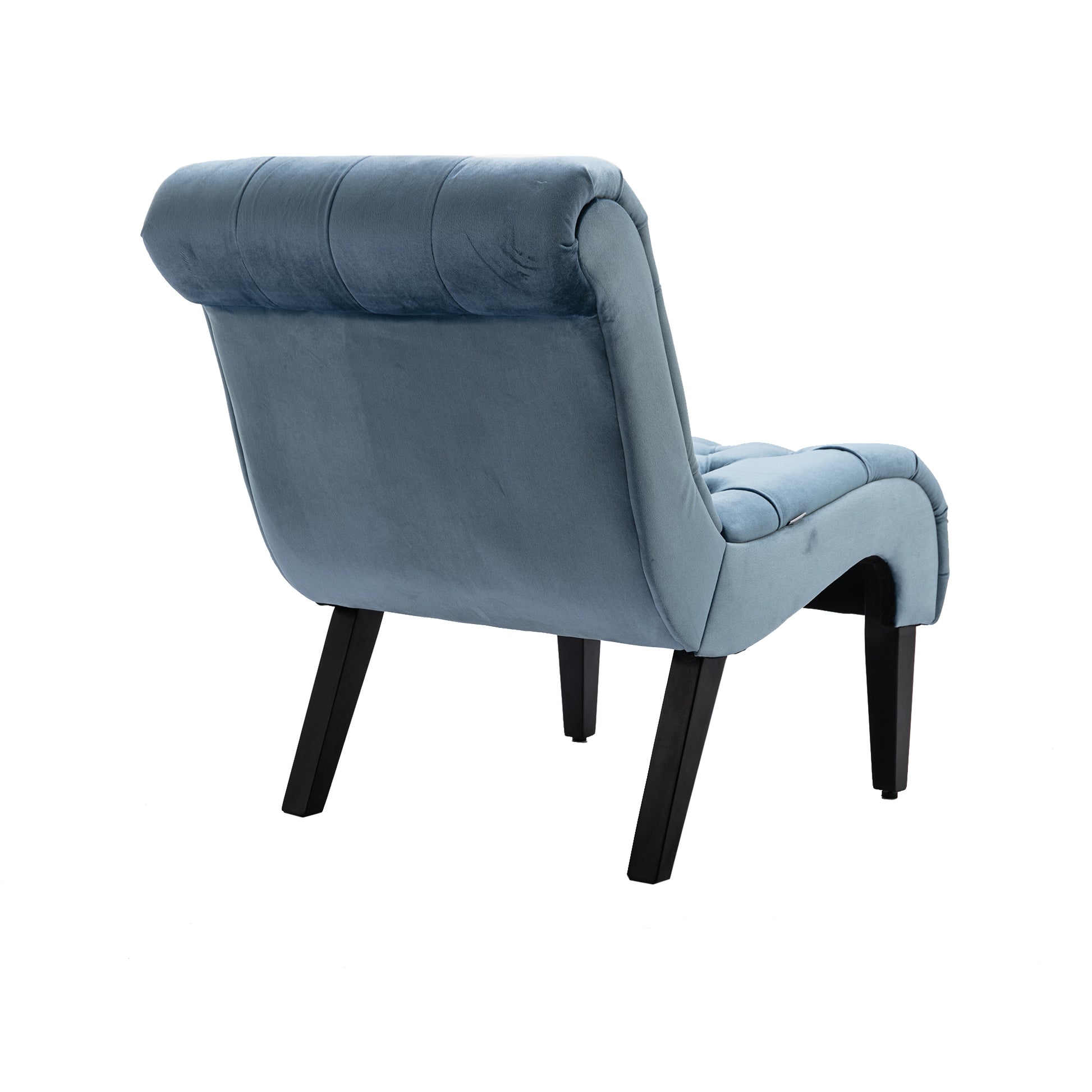 Tufted blue velvet accent chair with dark wood legs perfect for a modern living room