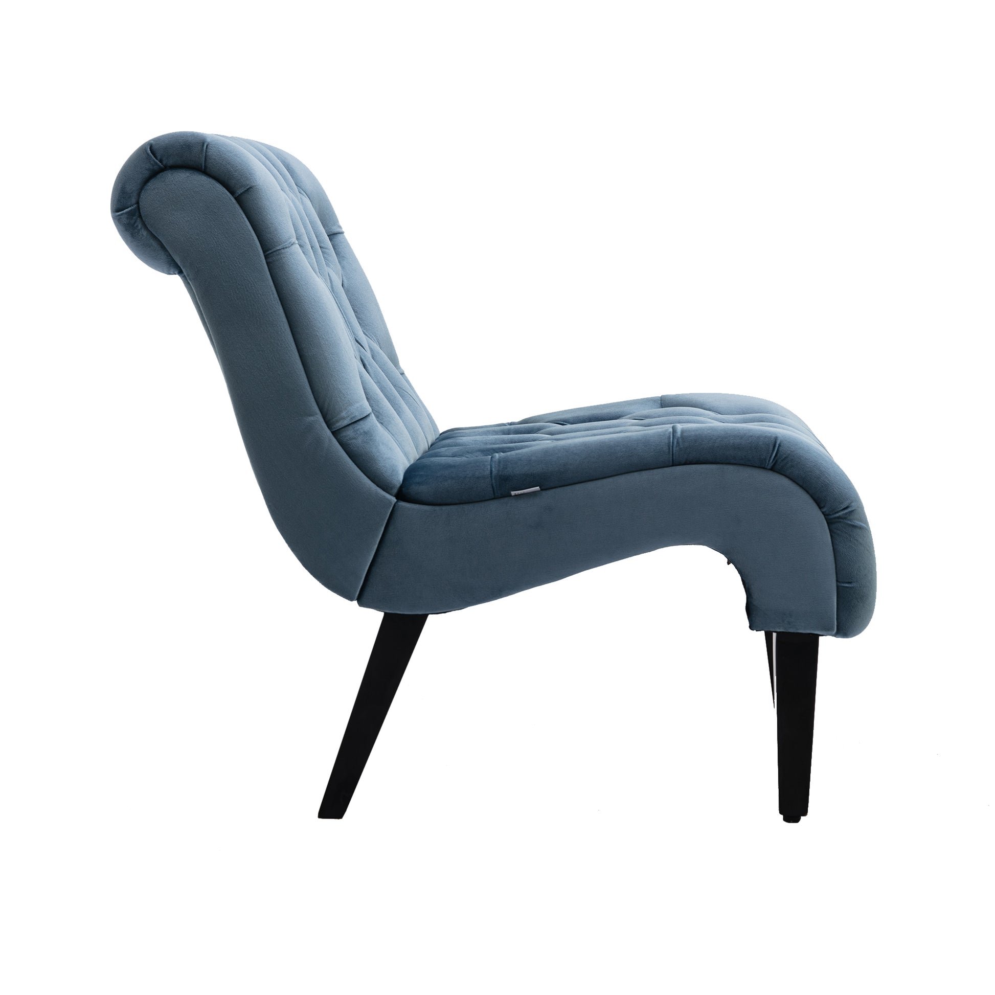 Blue velvet accent chair with tufted seat and rolled backrest