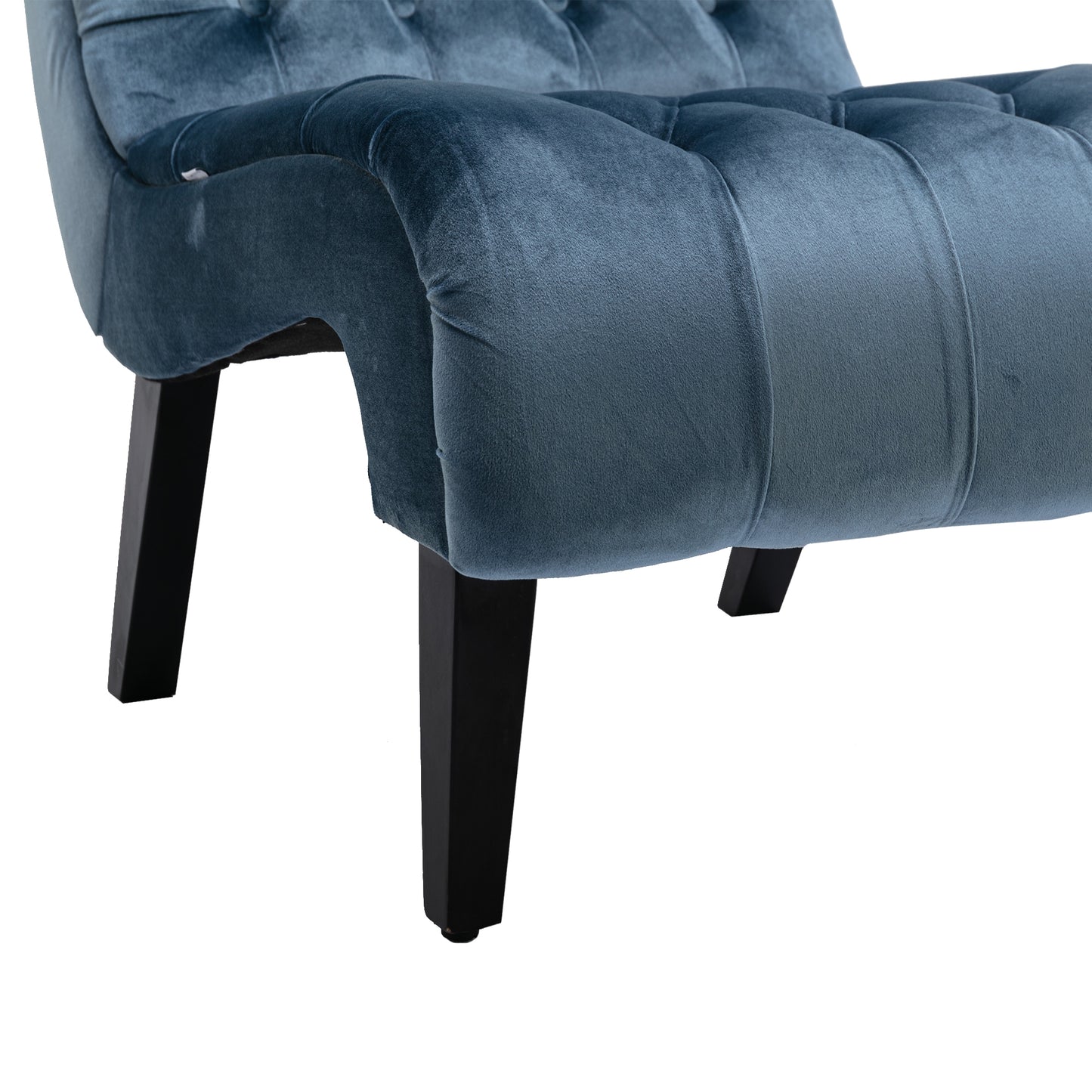 Tufted blue velvet armchair with dark wooden legs elegant accent chair for living room