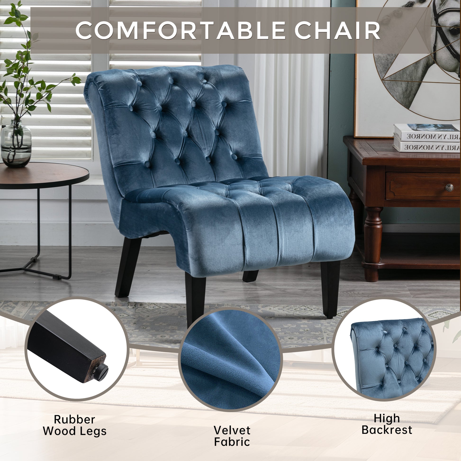Teal velvet accent chair with button tufting and dark wood legs