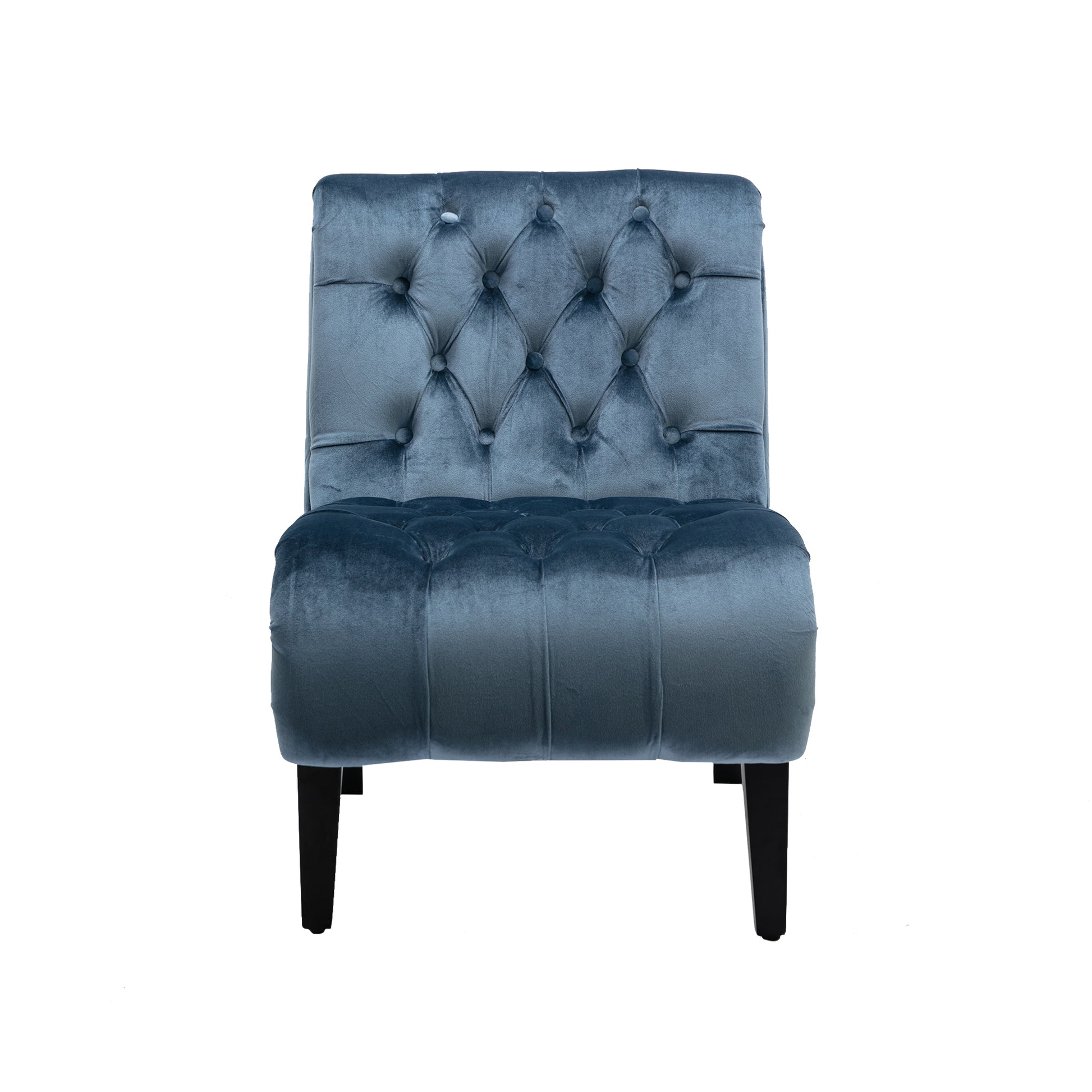 Tufted blue velvet accent chair with dark wooden legs modern style