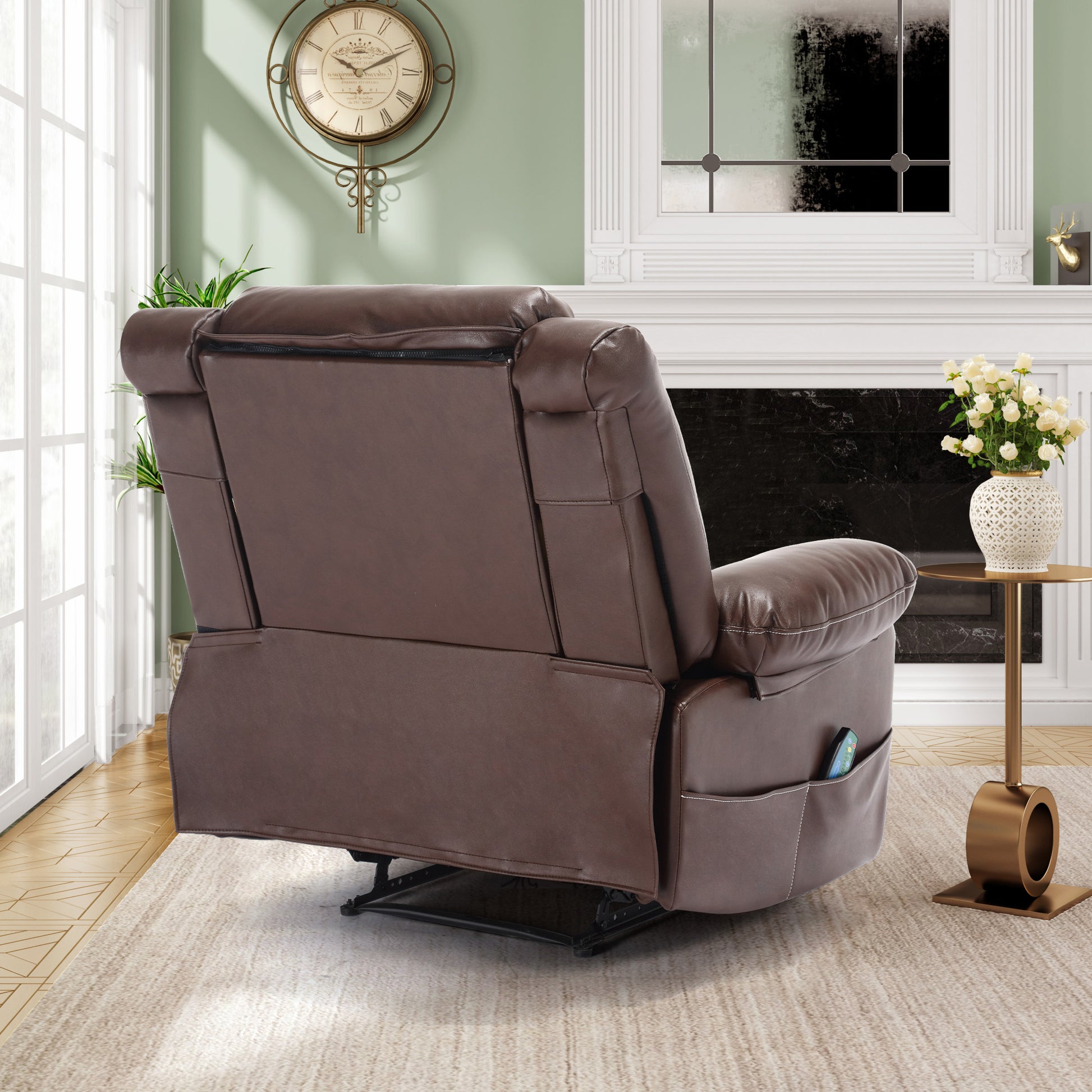 Brown leather recliner chair with side pocket holding a remote control for ultimate relaxation