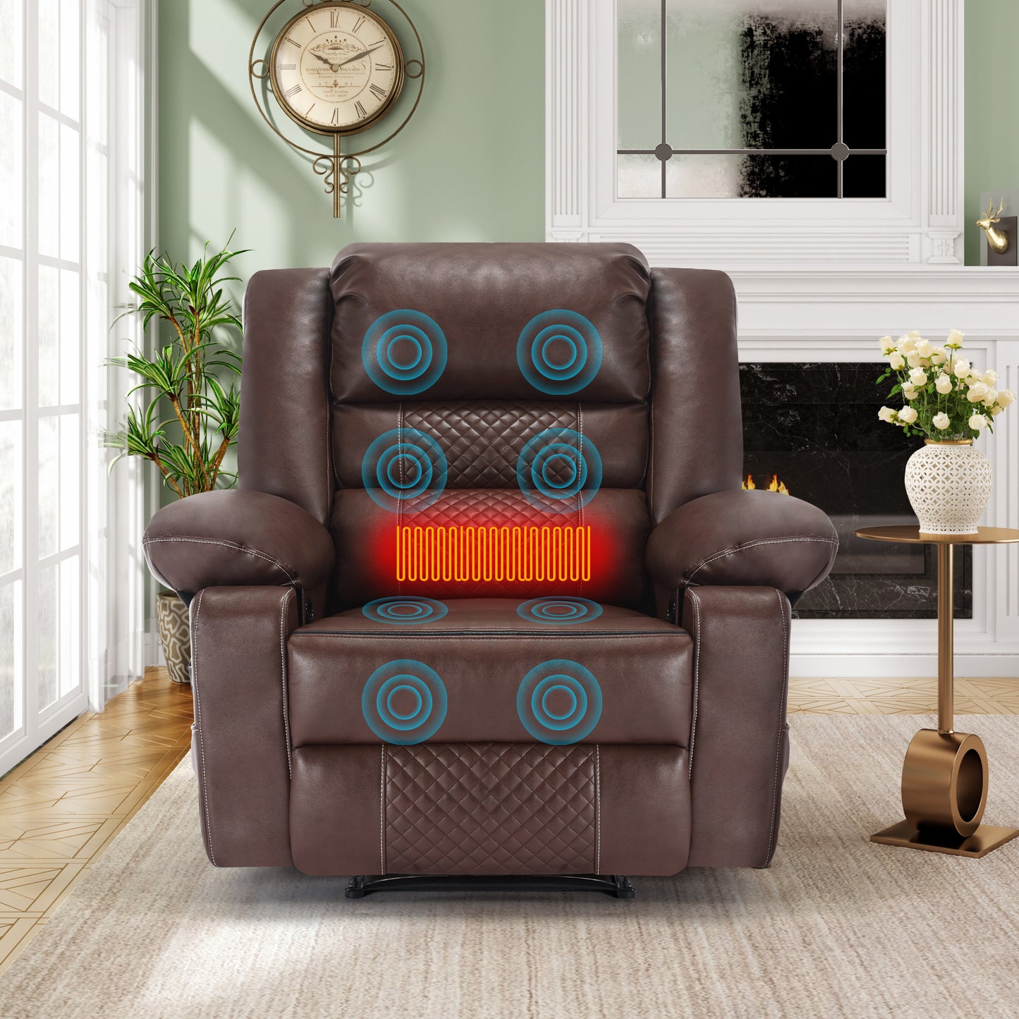 Brown leather recliner with massage function diamond stitching and heated lumbar support