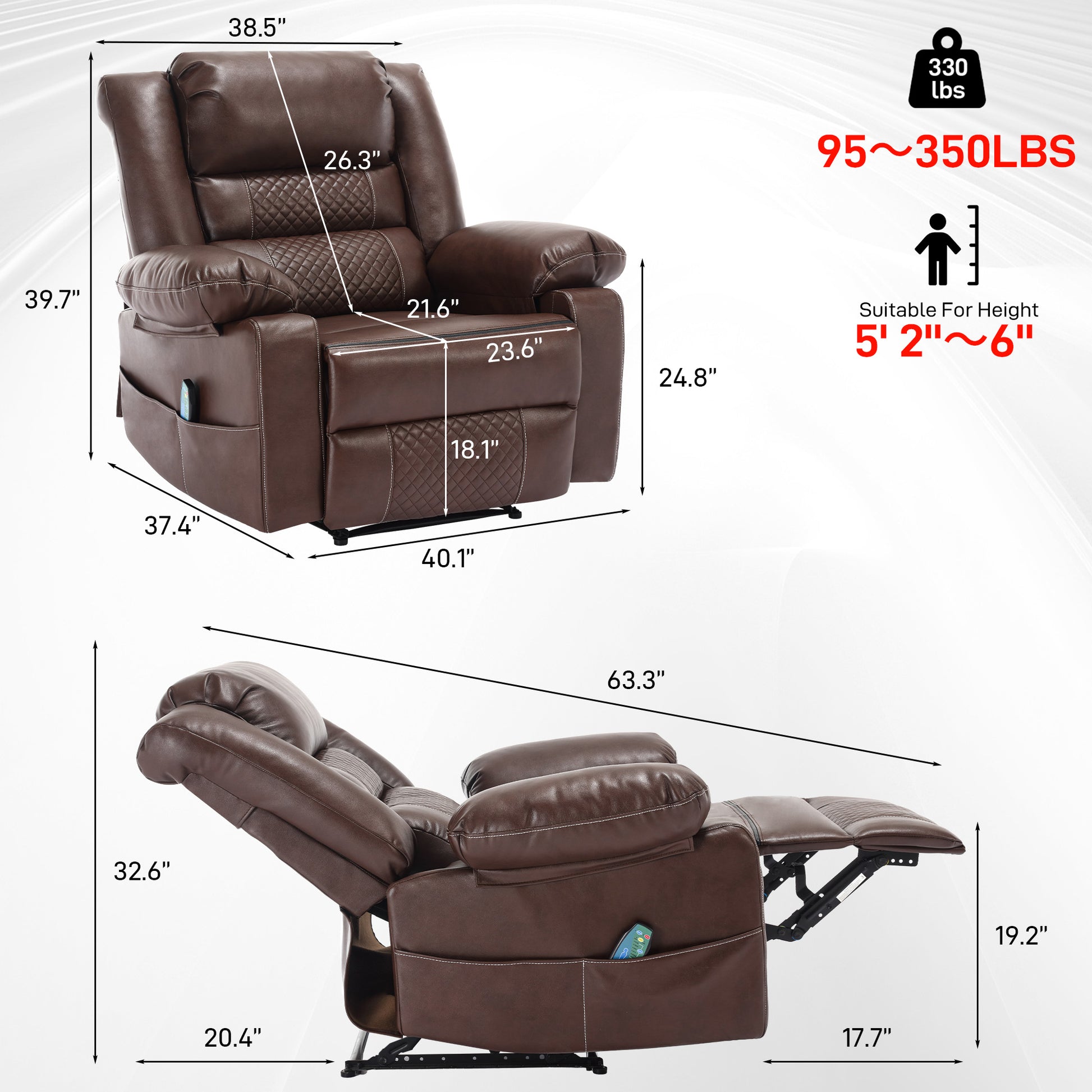 Brown upholstered power recliner with quilted backrest and side pockets
