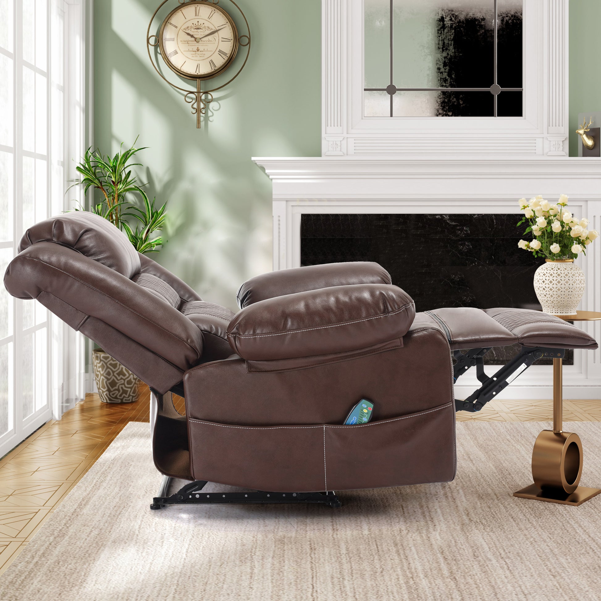 Brown leather power recliner with white stitching and convenient side pocket