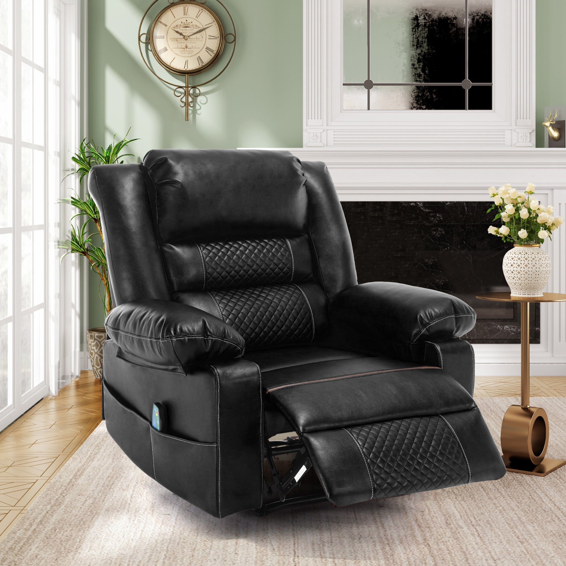 Black leather recliner chair with quilted accents and side pockets