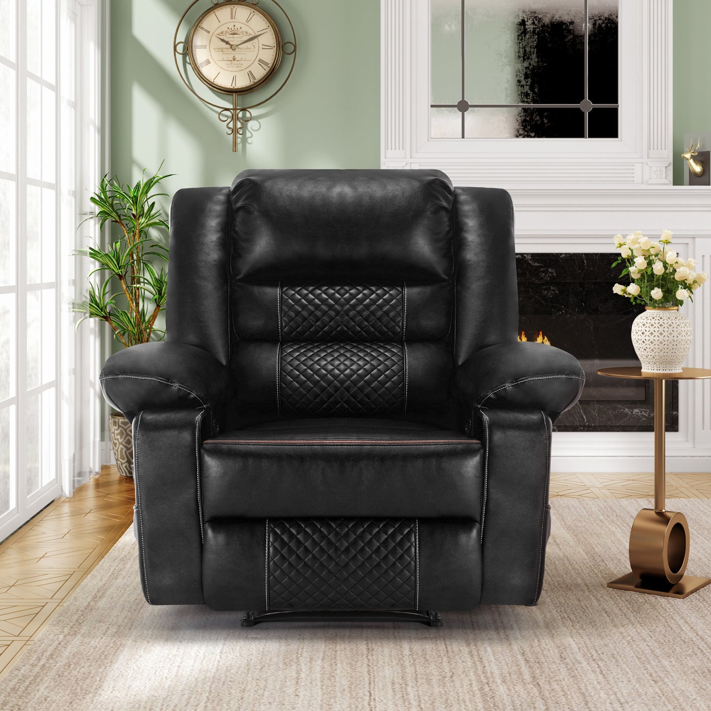 Black leather recliner with quilted diamond stitching on back and seat for ultimate comfort