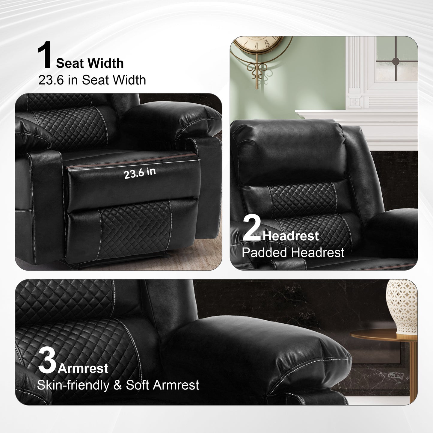 Black leather recliner seat width of  inches diamond stitching