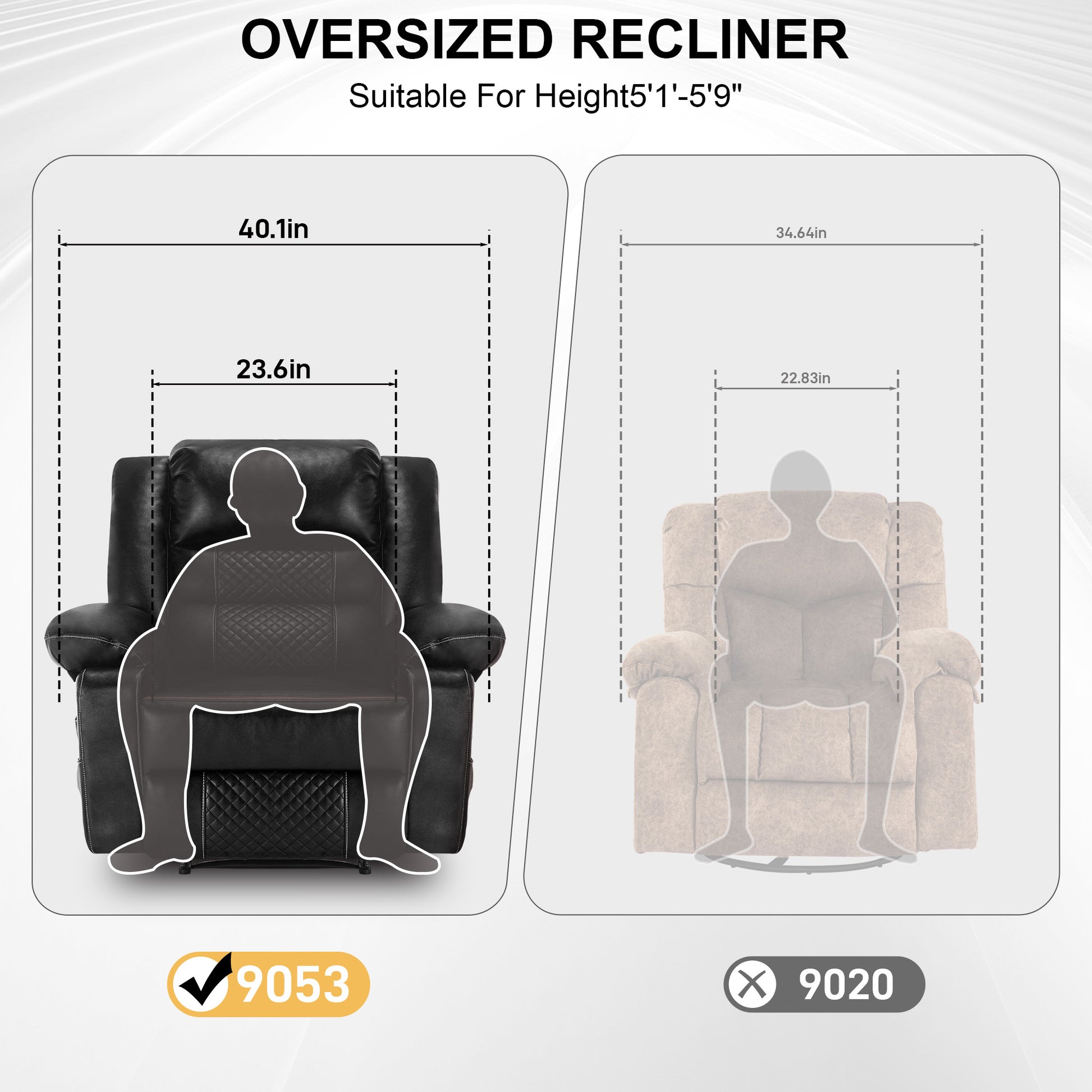 Black leather oversized recliner with quilted diamond pattern seating in width