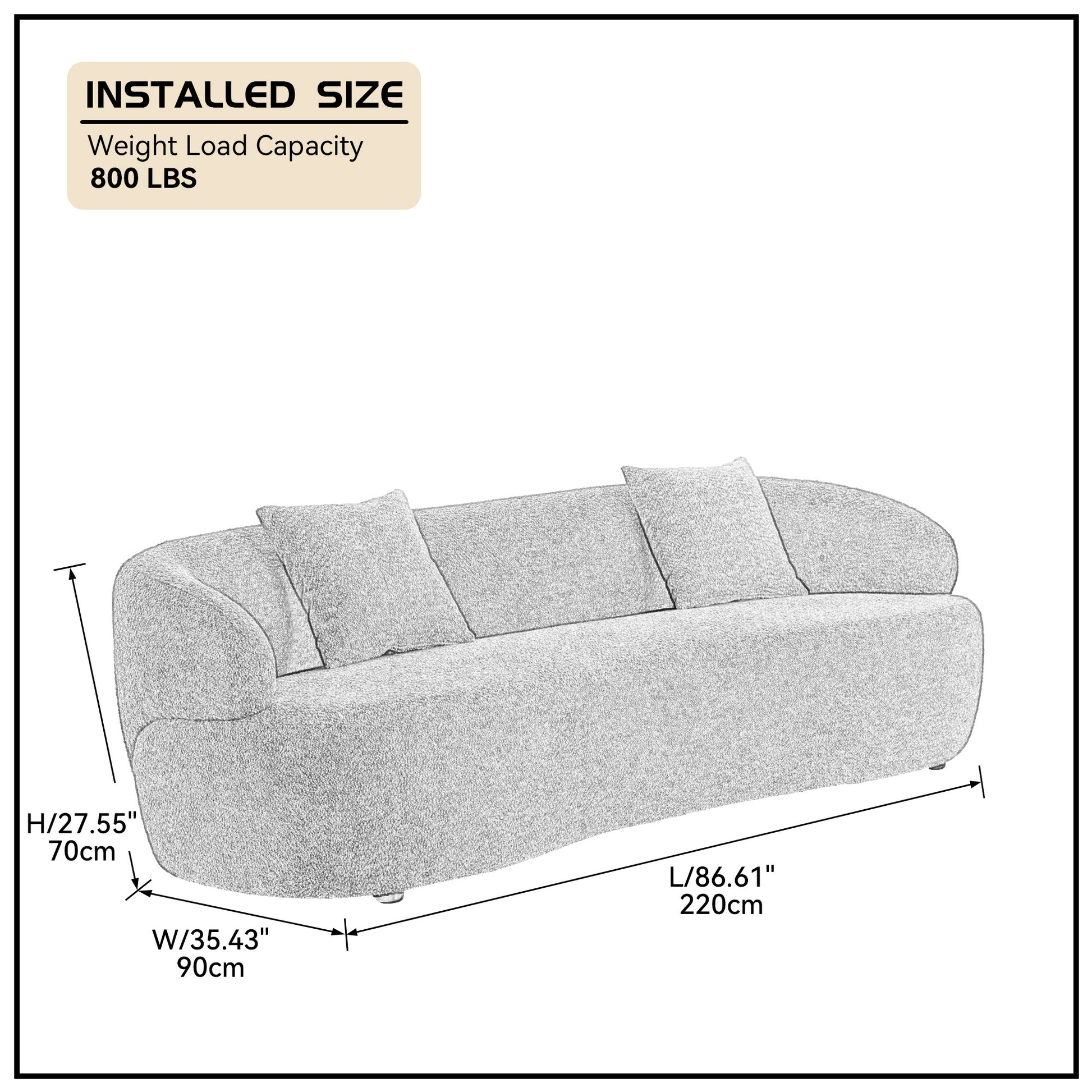Textured grey boucl sofa with rounded arms and two accent pillows  lbs capacity