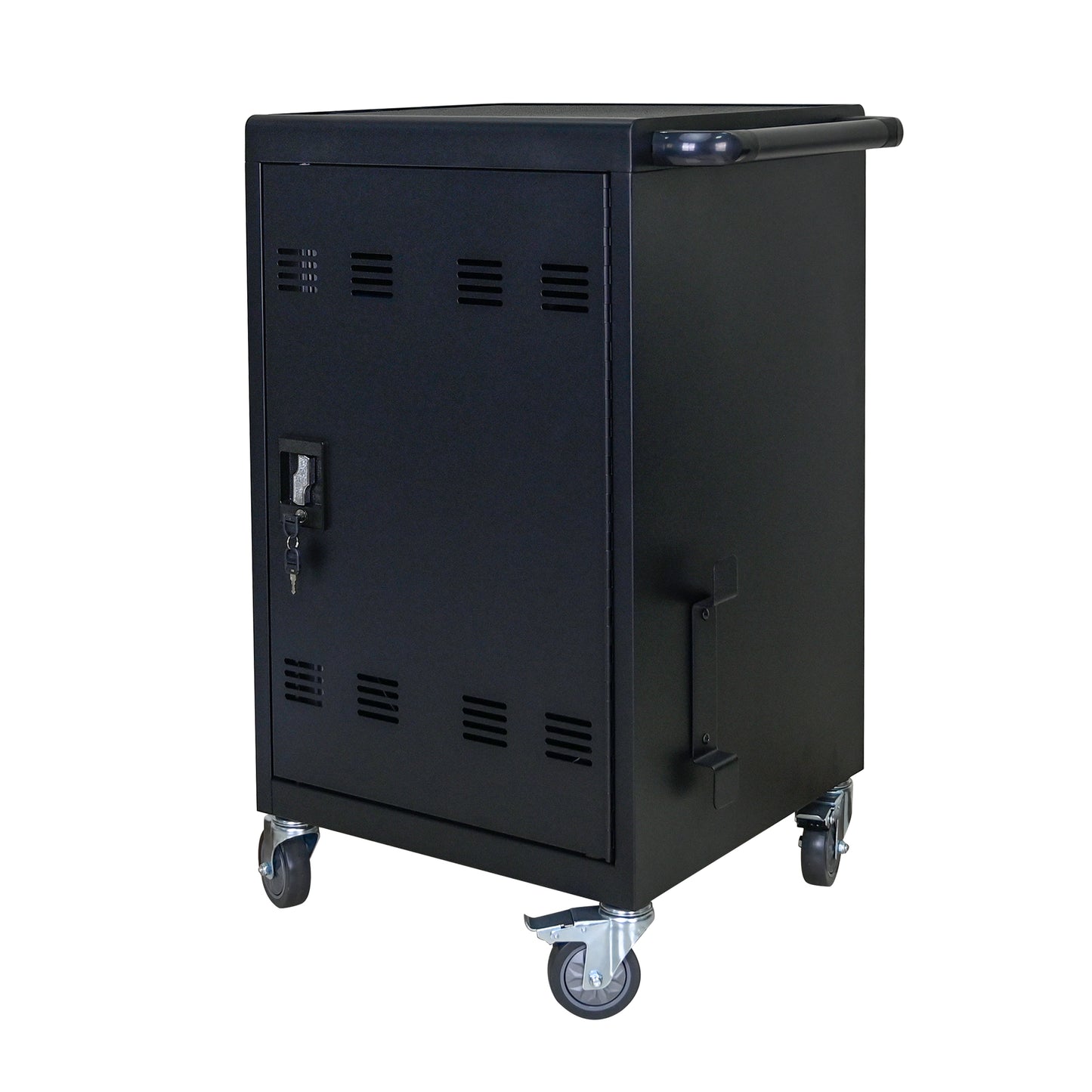 Black metal charging cart with lockable door and wheels