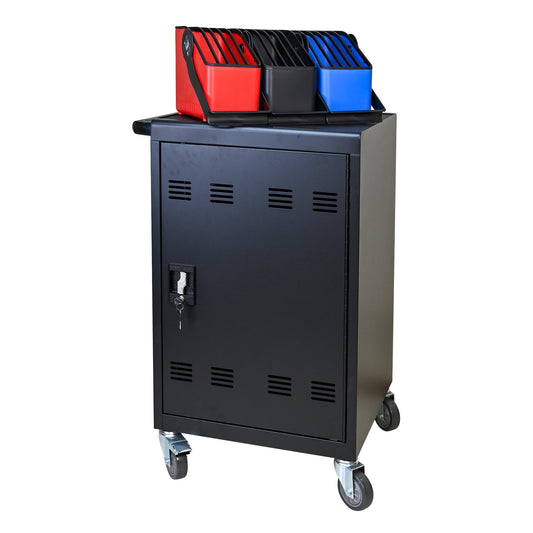 Black charging cart with red black and blue device dividers on top