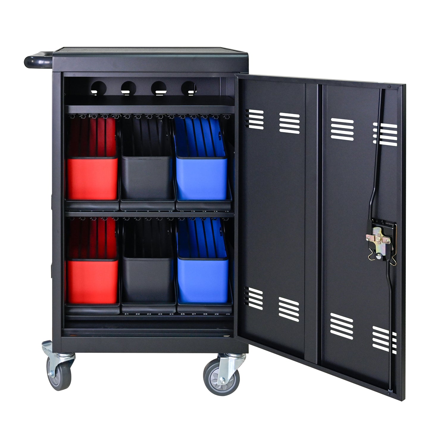 Black mobile charging cart with  slots and colored bins for devices