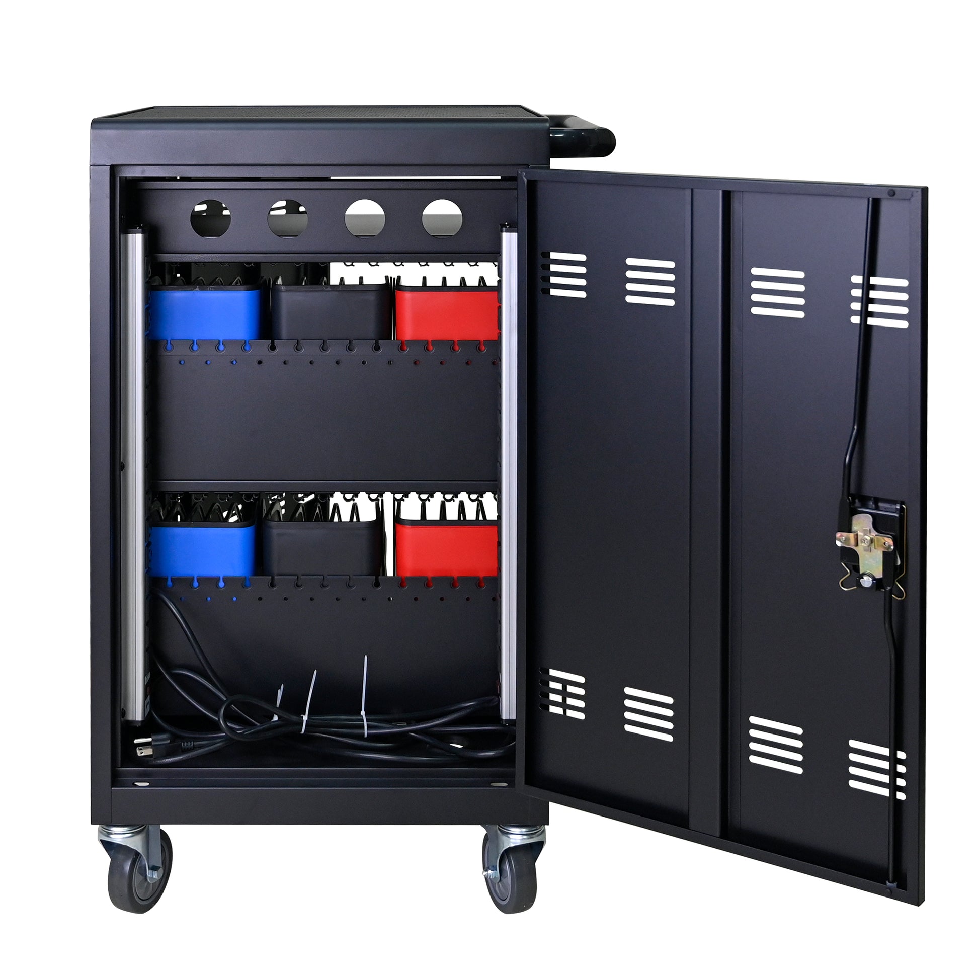 Black metal charging cart with blue and red device dividers and cord management