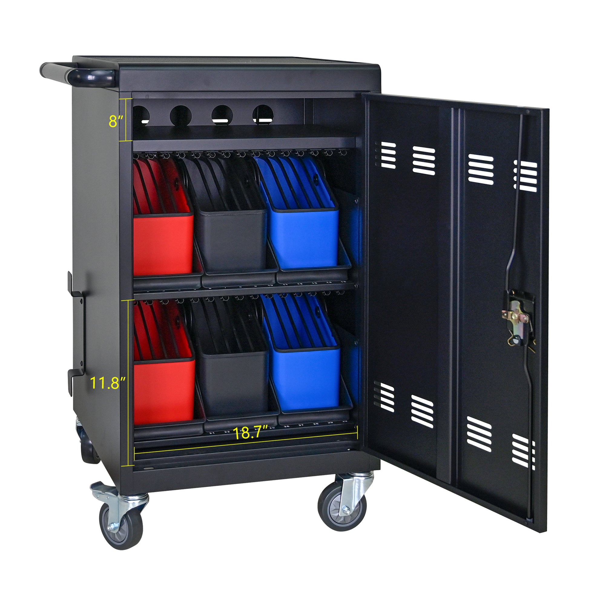 Black bay charging cart with labeled slots and colorful dividers for devices