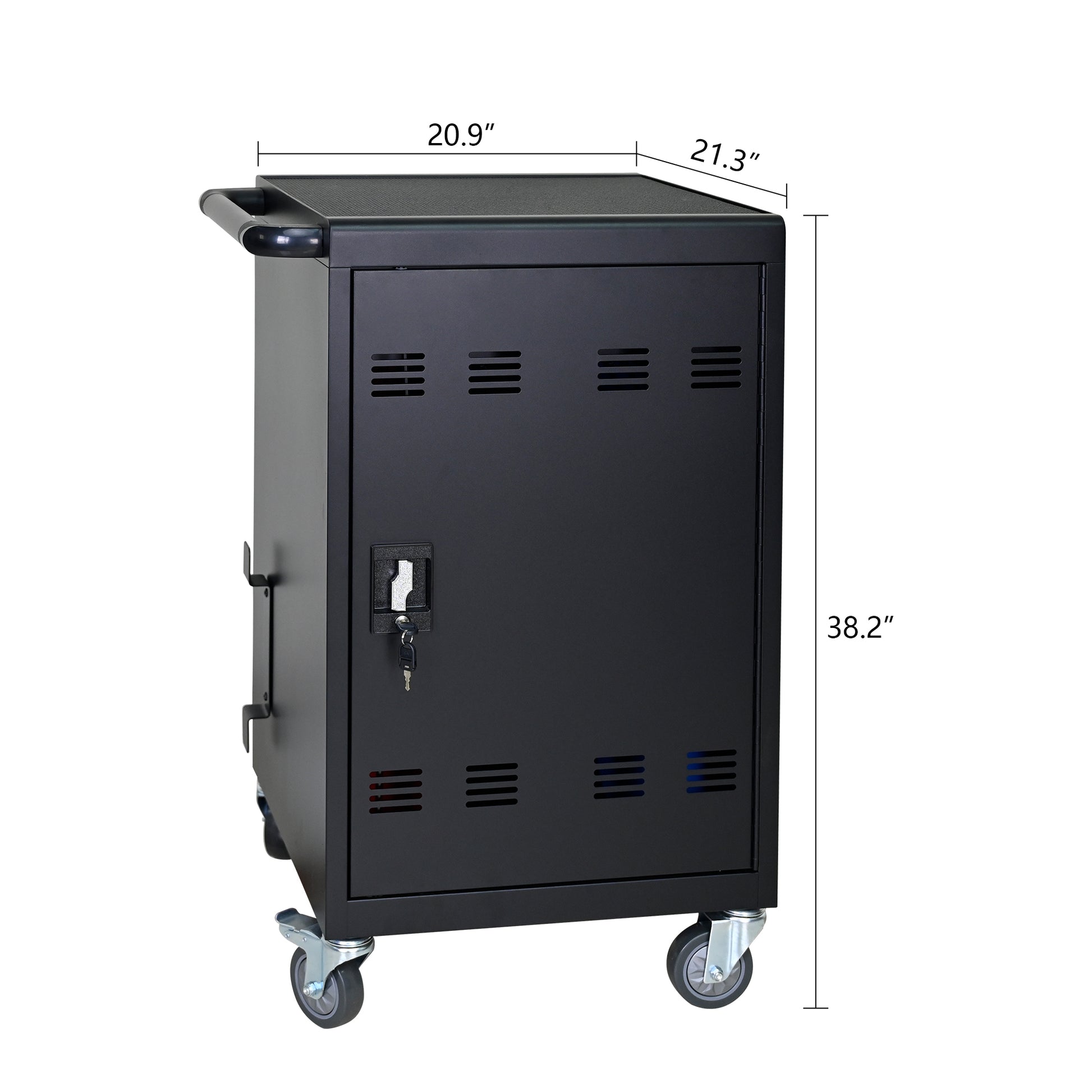 Black metal charging cart with locking door and wheels for device storage