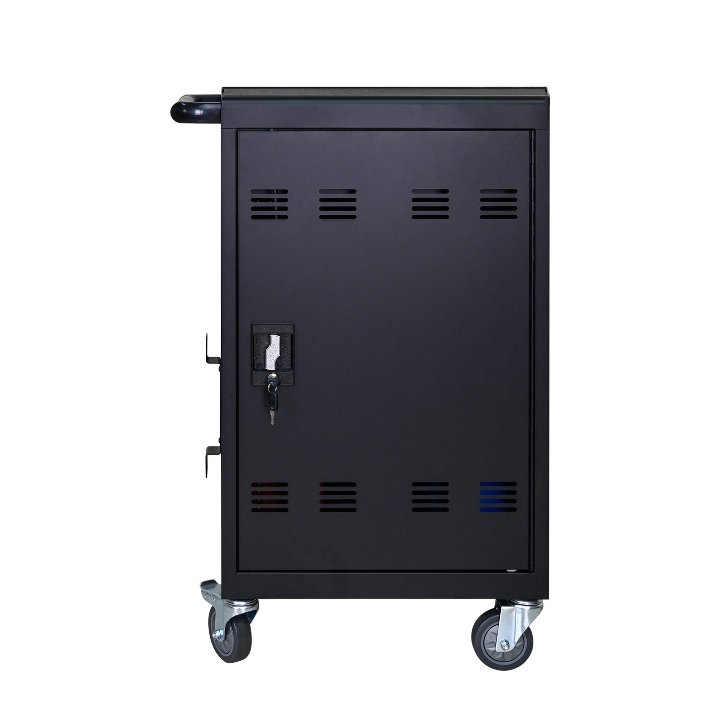 Black rolling charging cart with keyed lock and side handles