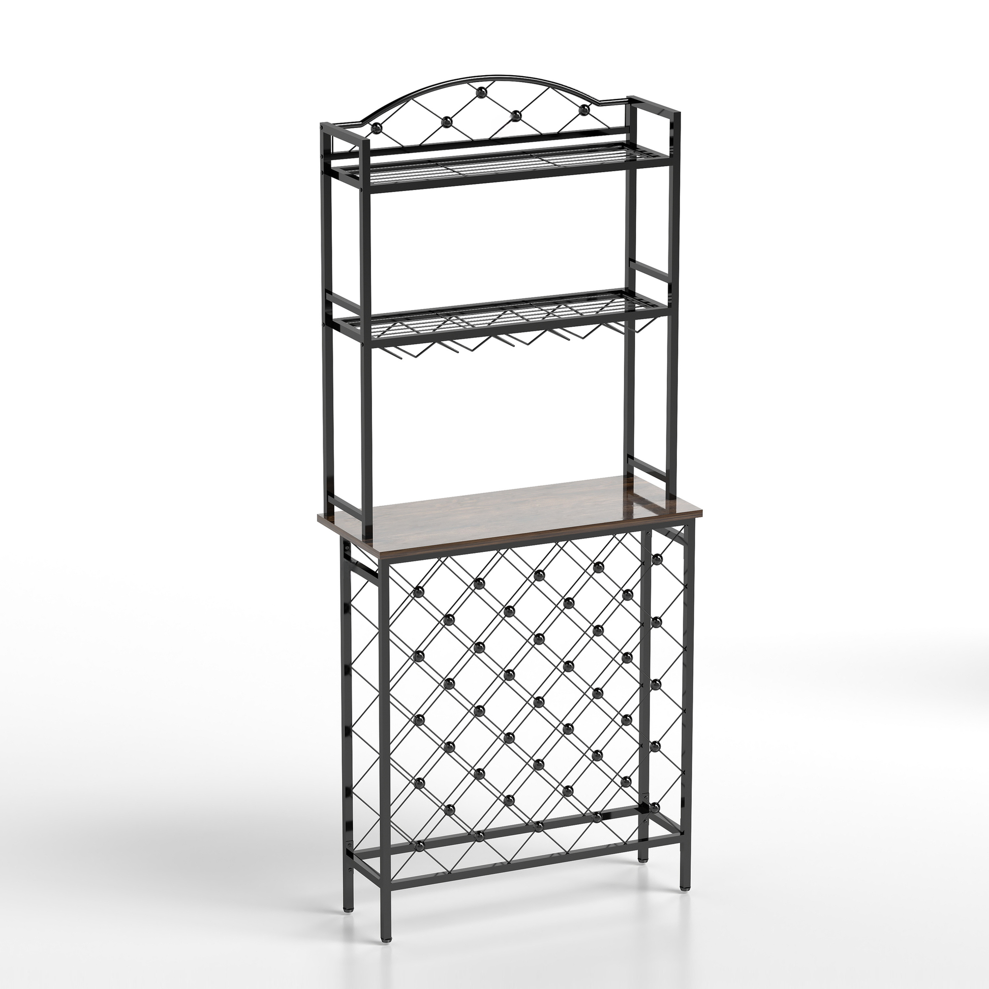 Black metal bakers rack with wood top shelf and wine bottle storage