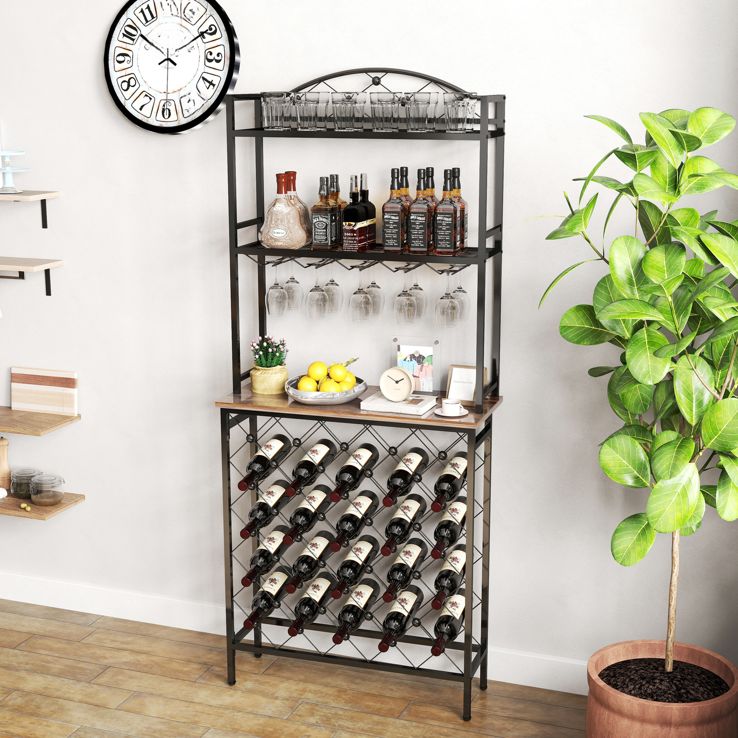 Black metal bakers rack with wine bottle storage and glass holders