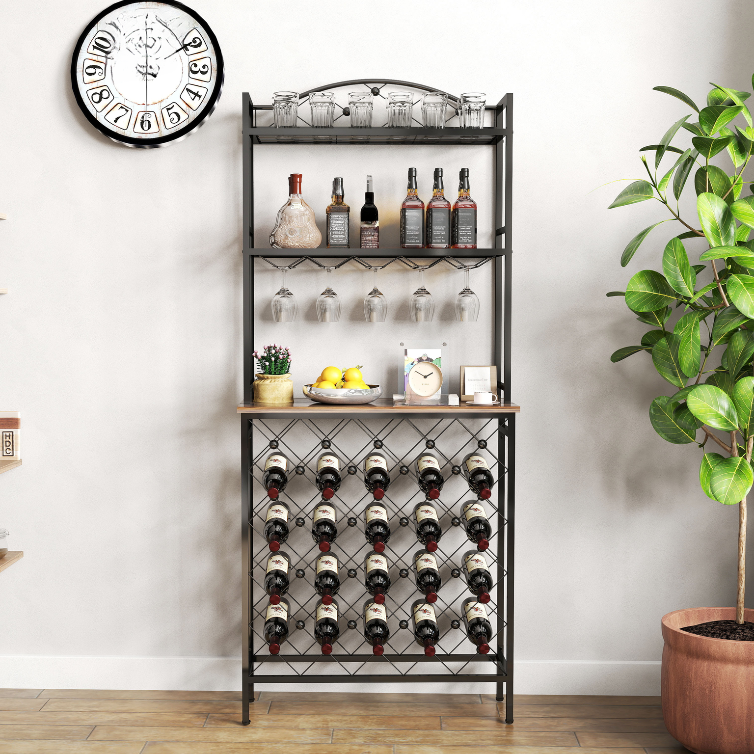 Industrial style wine rack with diamond lattice holding  bottles of red wine