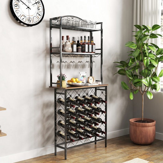 Tall metal bar cabinet with glass holders bottle racks and a wooden countertop ideal for home bars