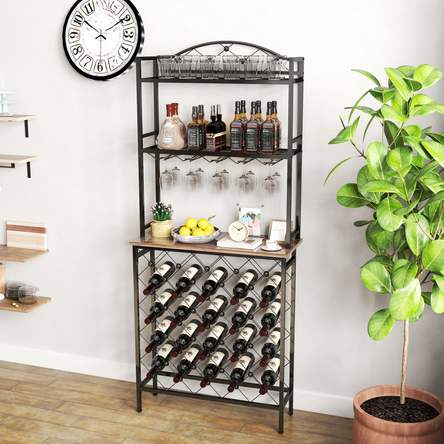 Black metal bar cart with multiple shelves for bottles and glassware