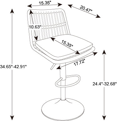 Adjustable height swivel bar stool with padded seat and ribbed backrest Dimensions shown