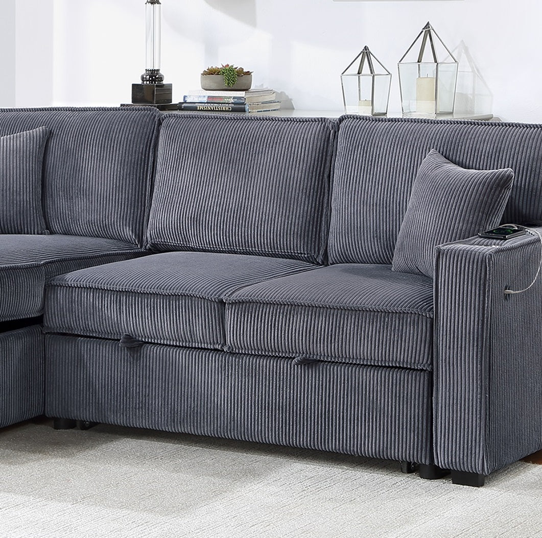 Deep grey corduroy sectional sofa with integrated USB charging ports