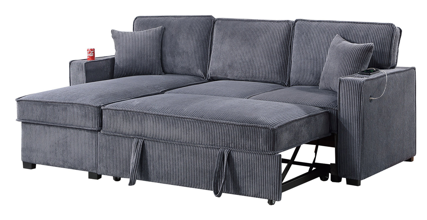 Gray corduroy convertible sofa bed with chaise lounge builtin USB charging and cup holder