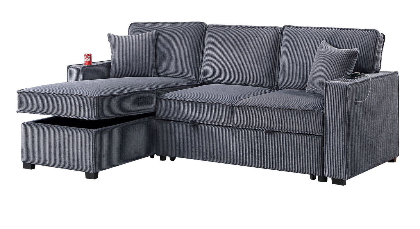 Grey corduroy sectional sofa with storage chaise and builtin USB charger