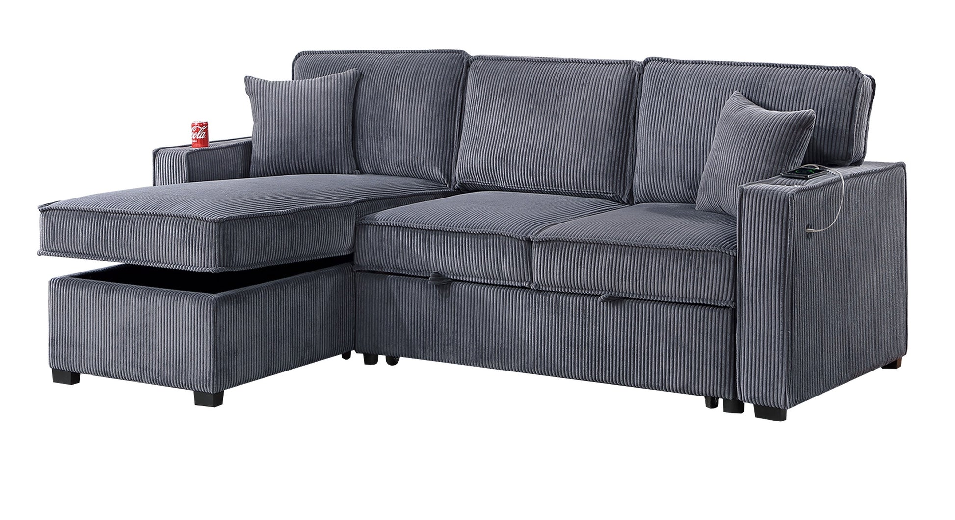Grey corduroy sectional sofa with storage chaise and builtin USB charger