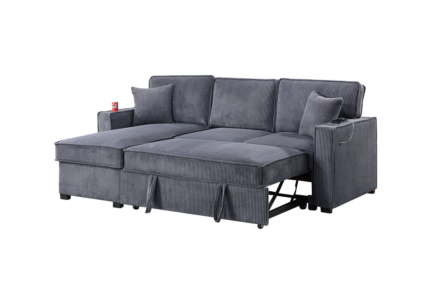 Gray corduroy sofa bed with chaise and pullout mattress