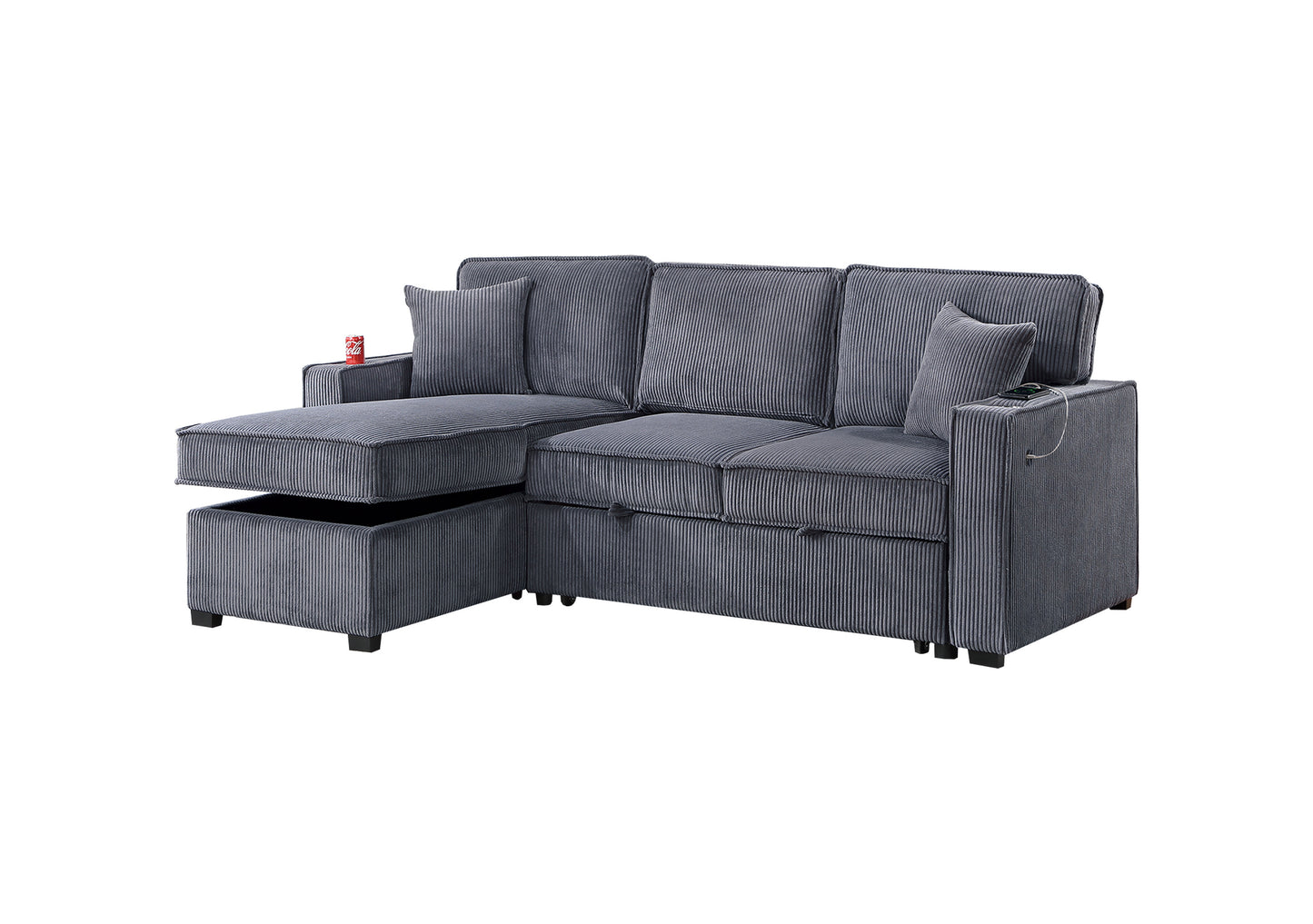 Gray corduroy sectional sofa with chaise and storage