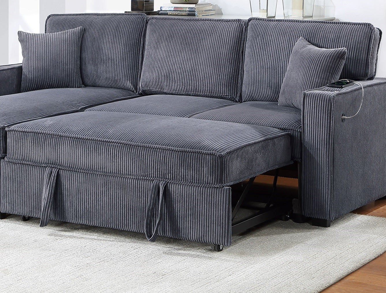 Dark gray corduroy sectional sofa with pullout bed and USB charging port