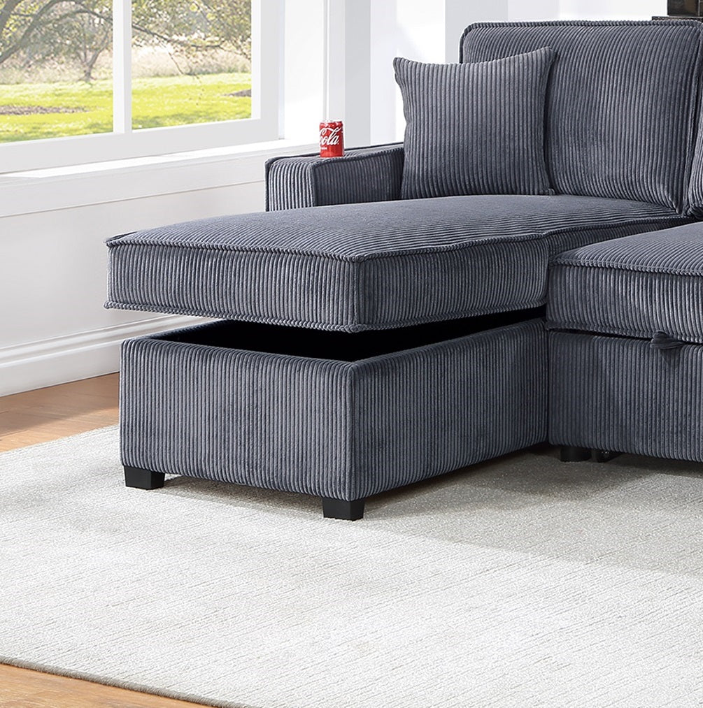Gray corduroy sectional sofa with lifttop storage chaise for living room