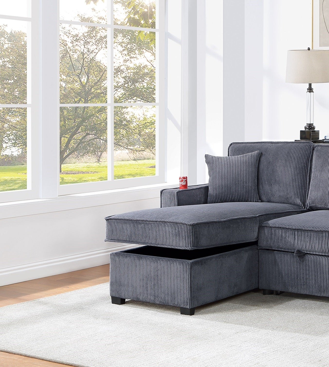 Gray corduroy sectional sofa with hidden storage chaise perfect for modern living rooms