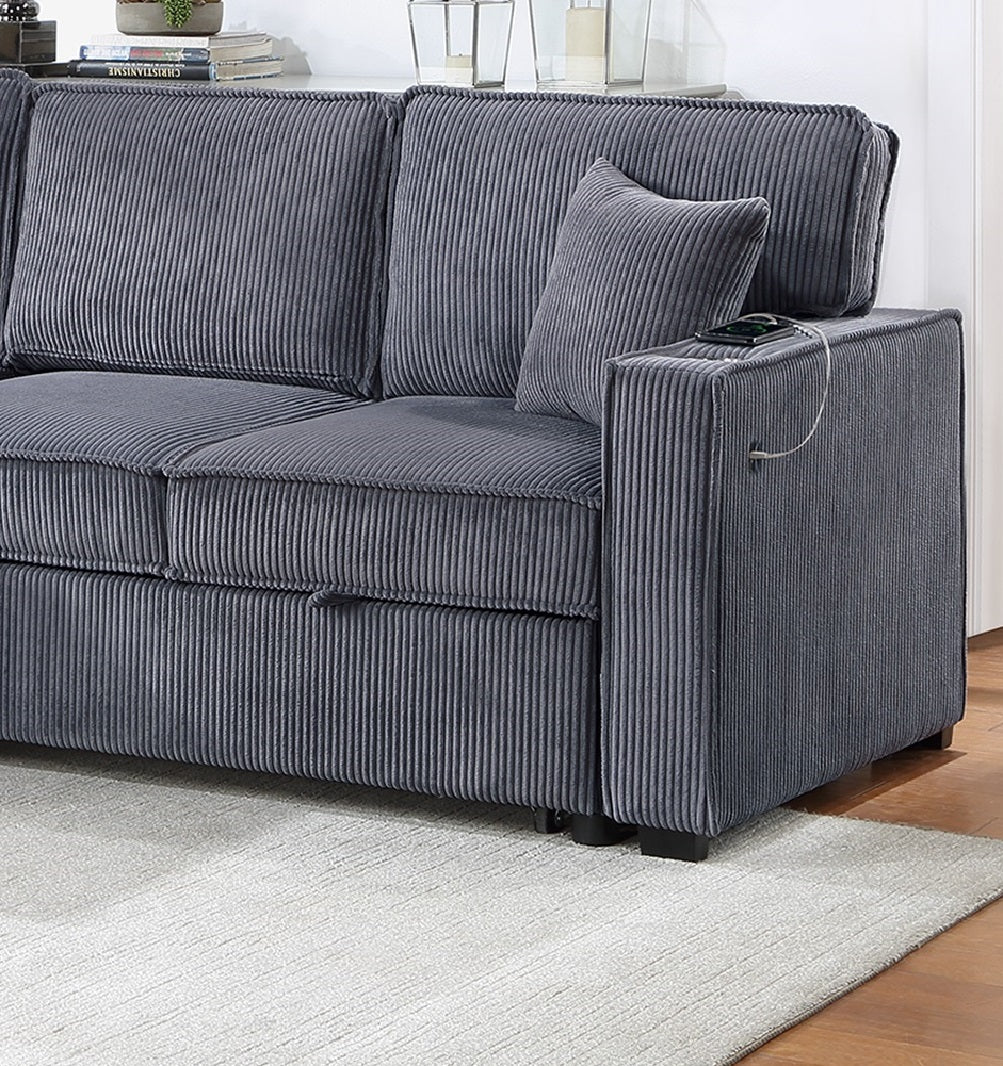 Grey corduroy sectional sofa with builtin USB charging port on armrest