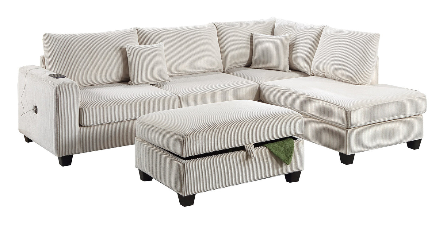Cream corduroy sectional sofa with builtin USB charger and matching storage ottoman