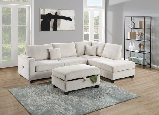 Cream corduroy sectional sofa with matching ottoman featuring builtin charging port
