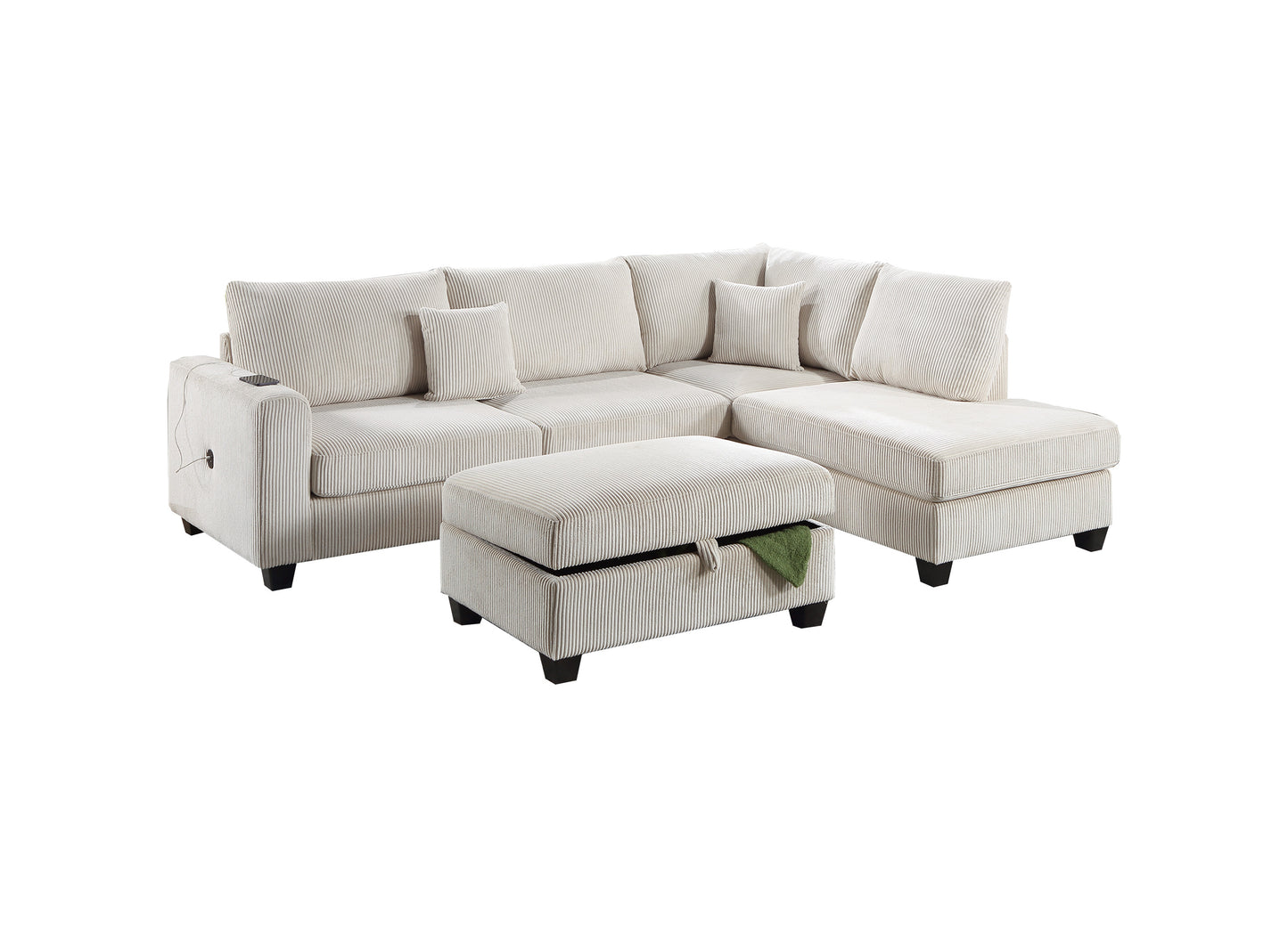 Cream corduroy sectional sofa with builtin USB charger and storage ottoman