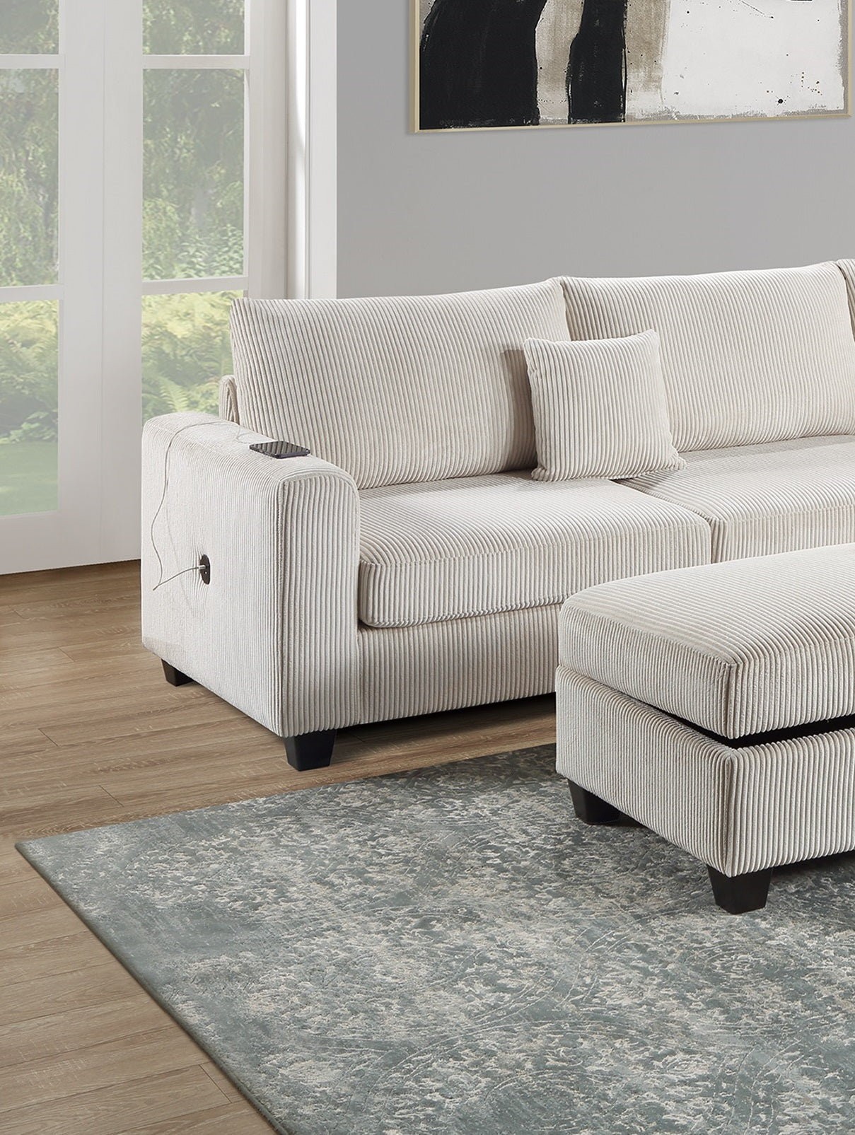 Cream corduroy sectional sofa with builtin USB charging port and ottoman