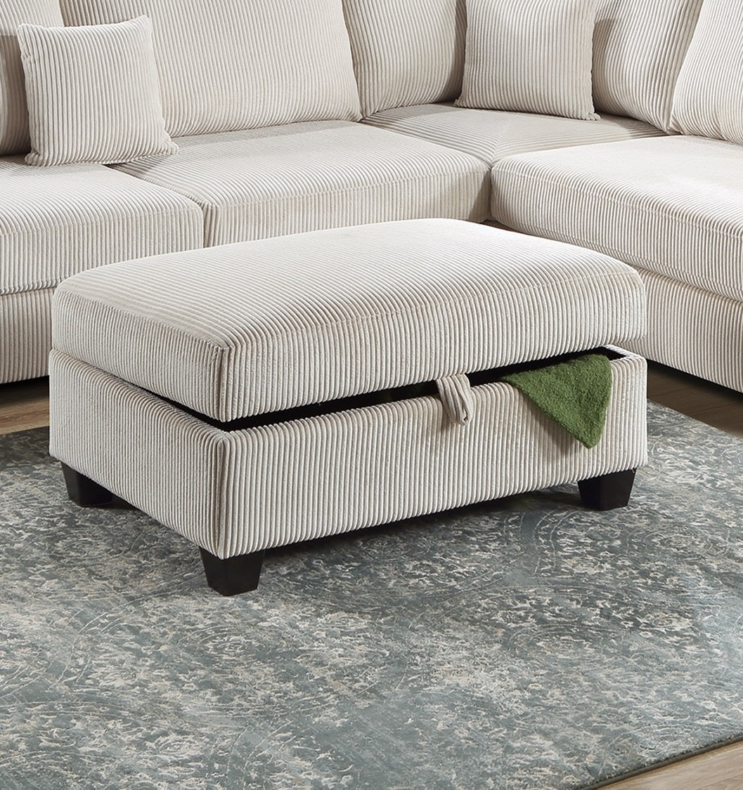 Cream corduroy storage ottoman with dark wooden legs complementing sectional sofa