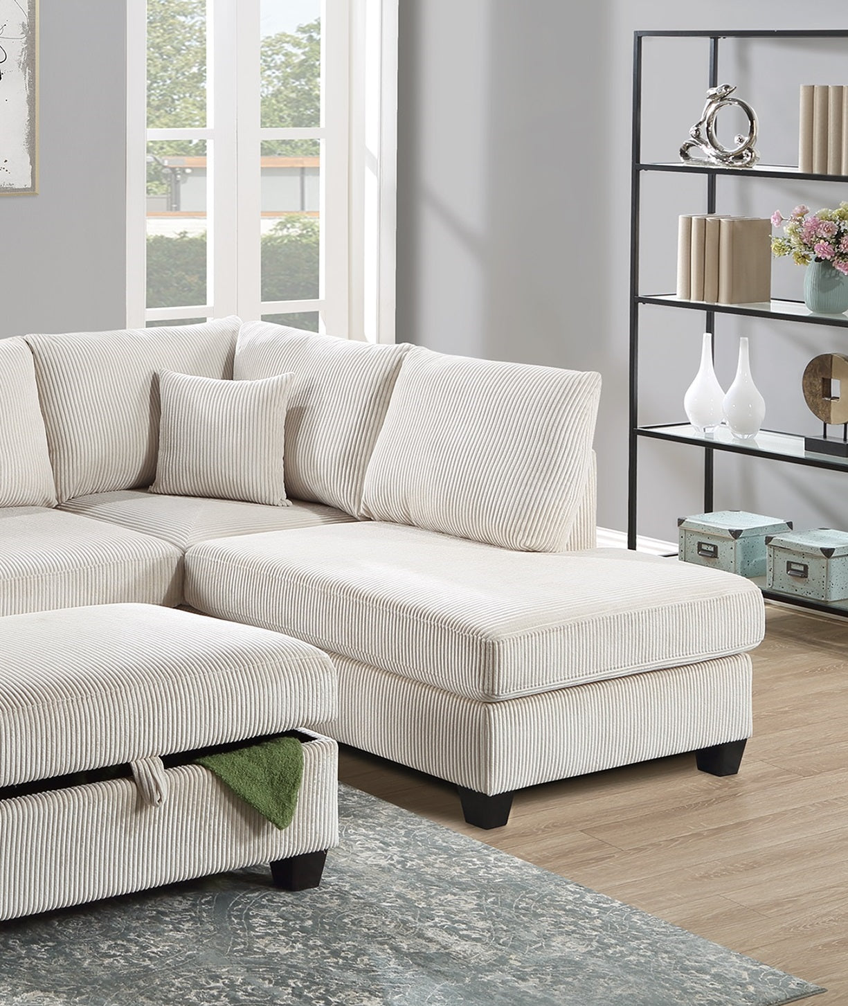 Cream corduroy sectional sofa with ottoman for living room comfort