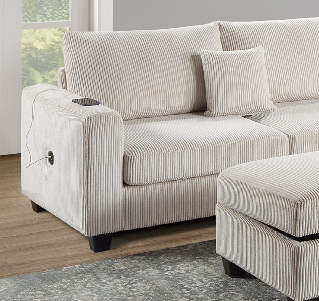Modern beige corduroy sectional sofa with builtin charging station for electronics