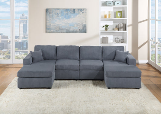 Dark grey corduroy sectional sofa with chaise lounges and accent pillows
