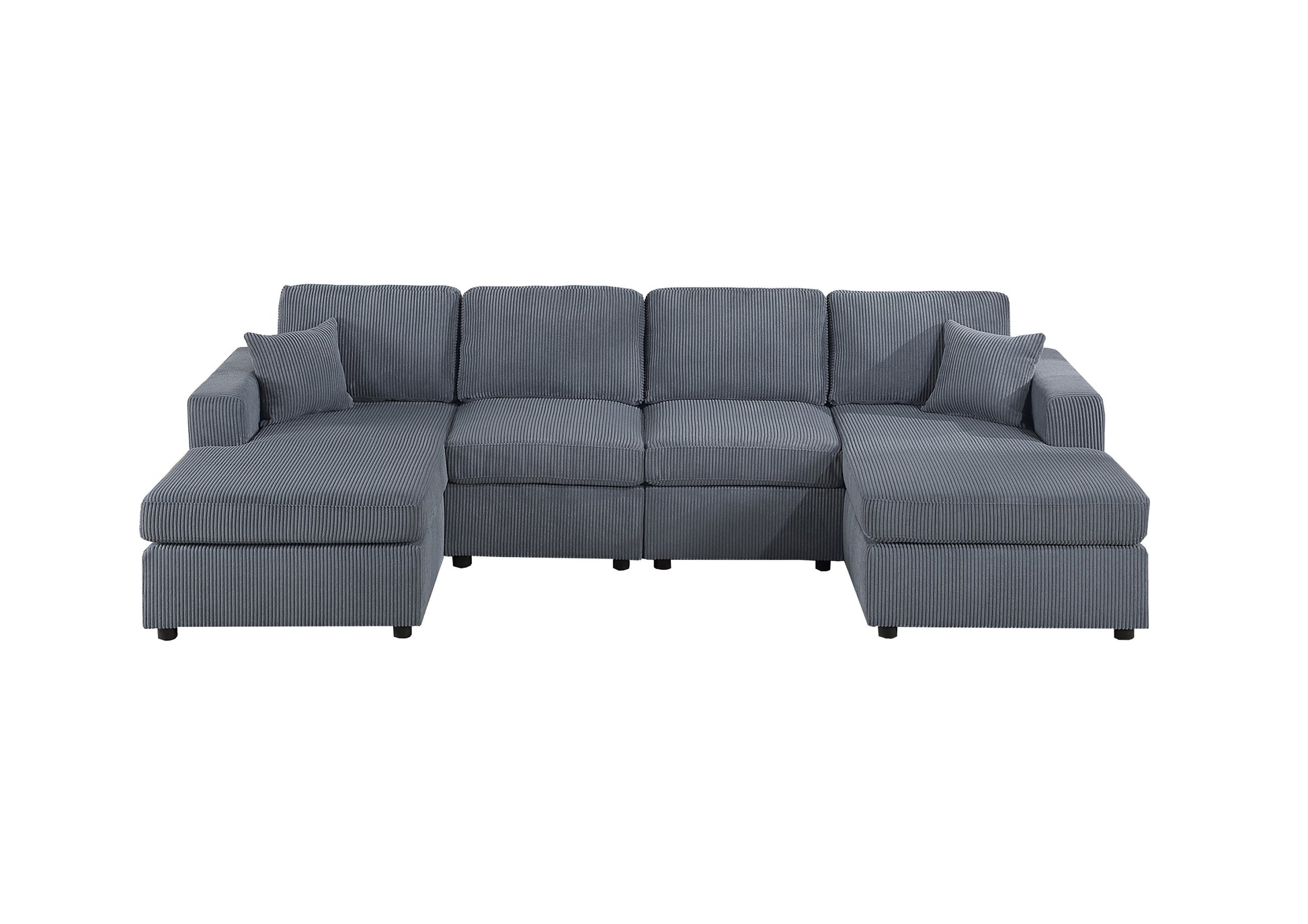 Dark gray corduroy sectional sofa with two chaises and throw pillows