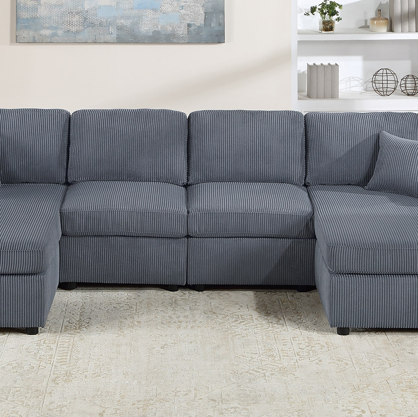 Gray corduroy sectional sofa with deep seats modern design