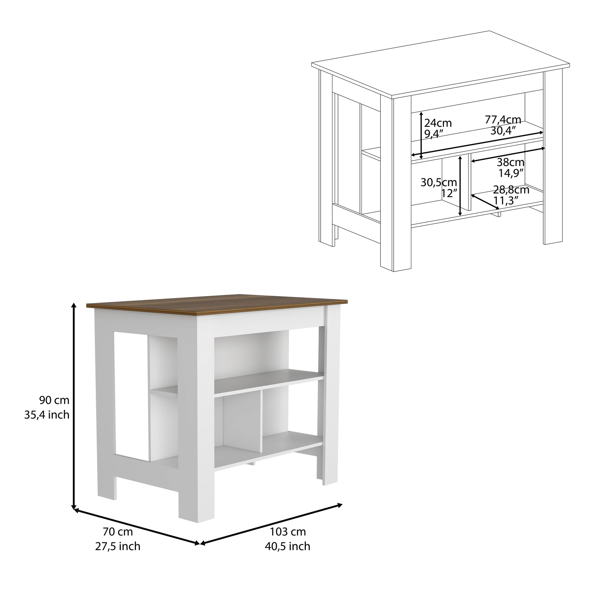 White kitchen island with woodgrain countertop and two open shelves
