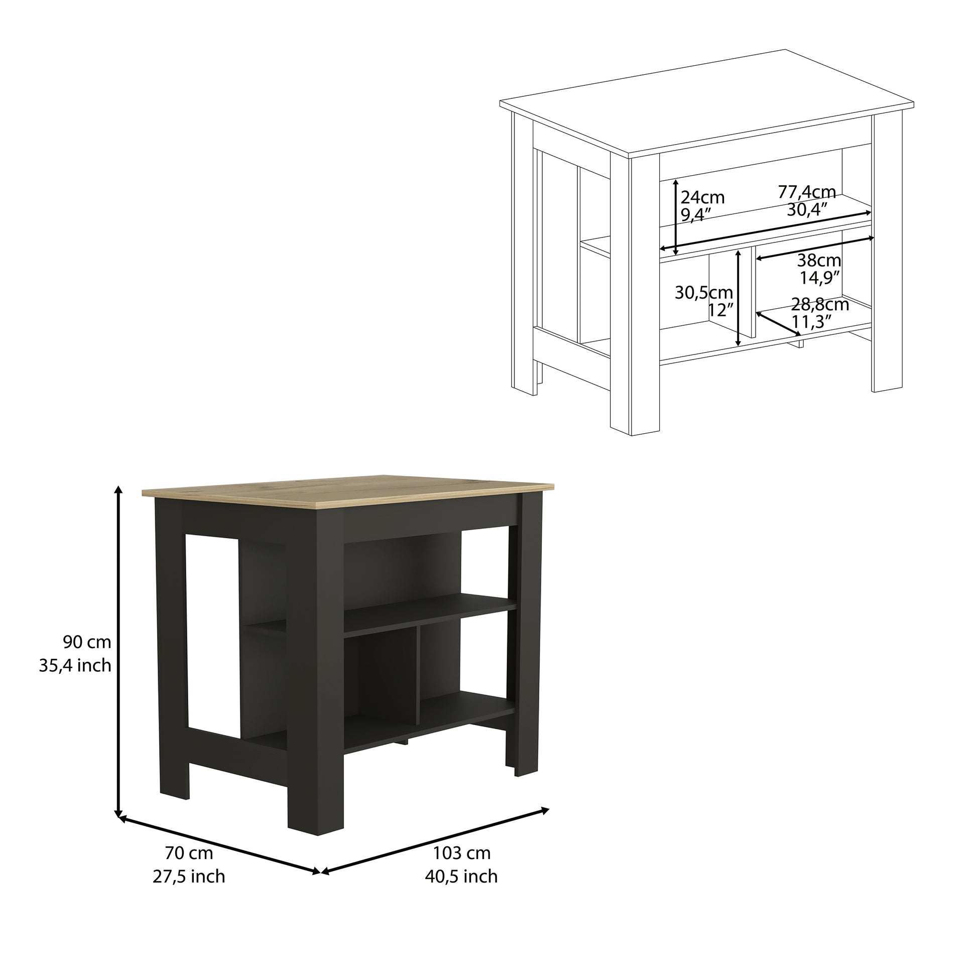 Dark gray kitchen island with light wood top and open shelves
