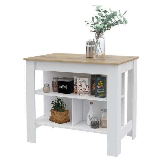 TREATLIFE HOME Kitchen Island with Three Shelves, Spacious Top Surface, White and Light Oak Finish, Easy Assembly
